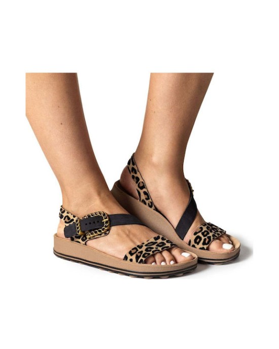 Fantasy Sandals Δερμάτινα Γυναικεία Ανατομικά Σανδάλια Leopardo Velvet