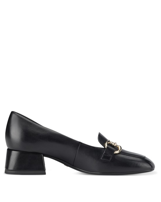 Tamaris Black Ανατομικά Δερμάτινα Loafers με τακούνι Μαύρα