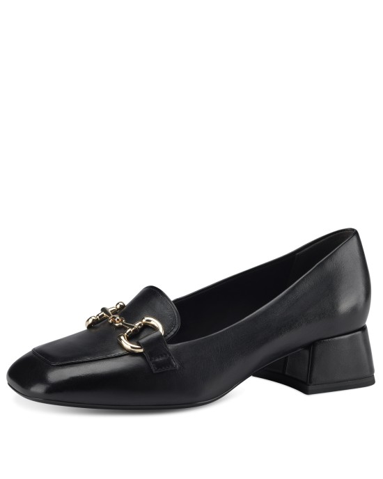 Tamaris Black Ανατομικά Δερμάτινα Loafers με τακούνι Μαύρα