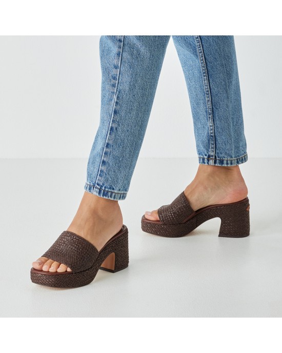 Tamaris Mules με Χοντρό Ψηλό Τακούνι σε Καφέ Χρώμα